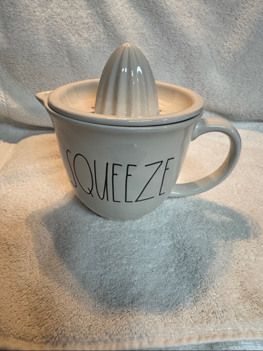 Rae Dunn White Ceramic Juicer Pitcher with Squeeze Lid